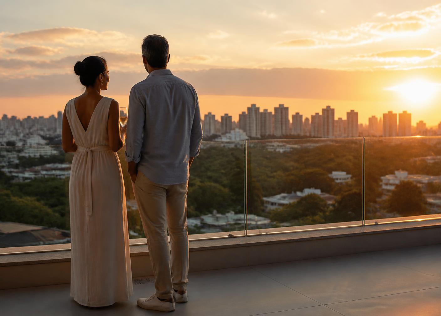 Casal observando a cidade a partir do terraço de um imóvel