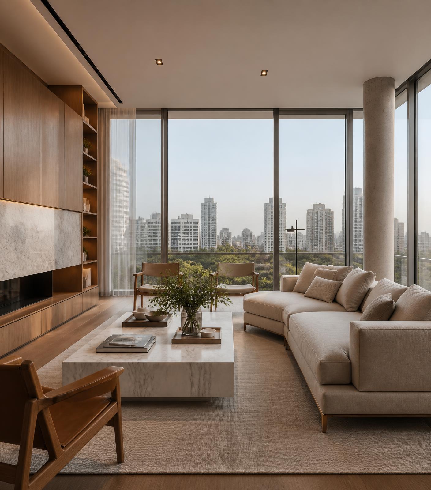Sala de estar contemporânea com vista para a cidade